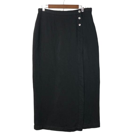 VNTG Indigo Land Black Button Front Midi Wrap Skirt Womens Size 30 USA EUC
